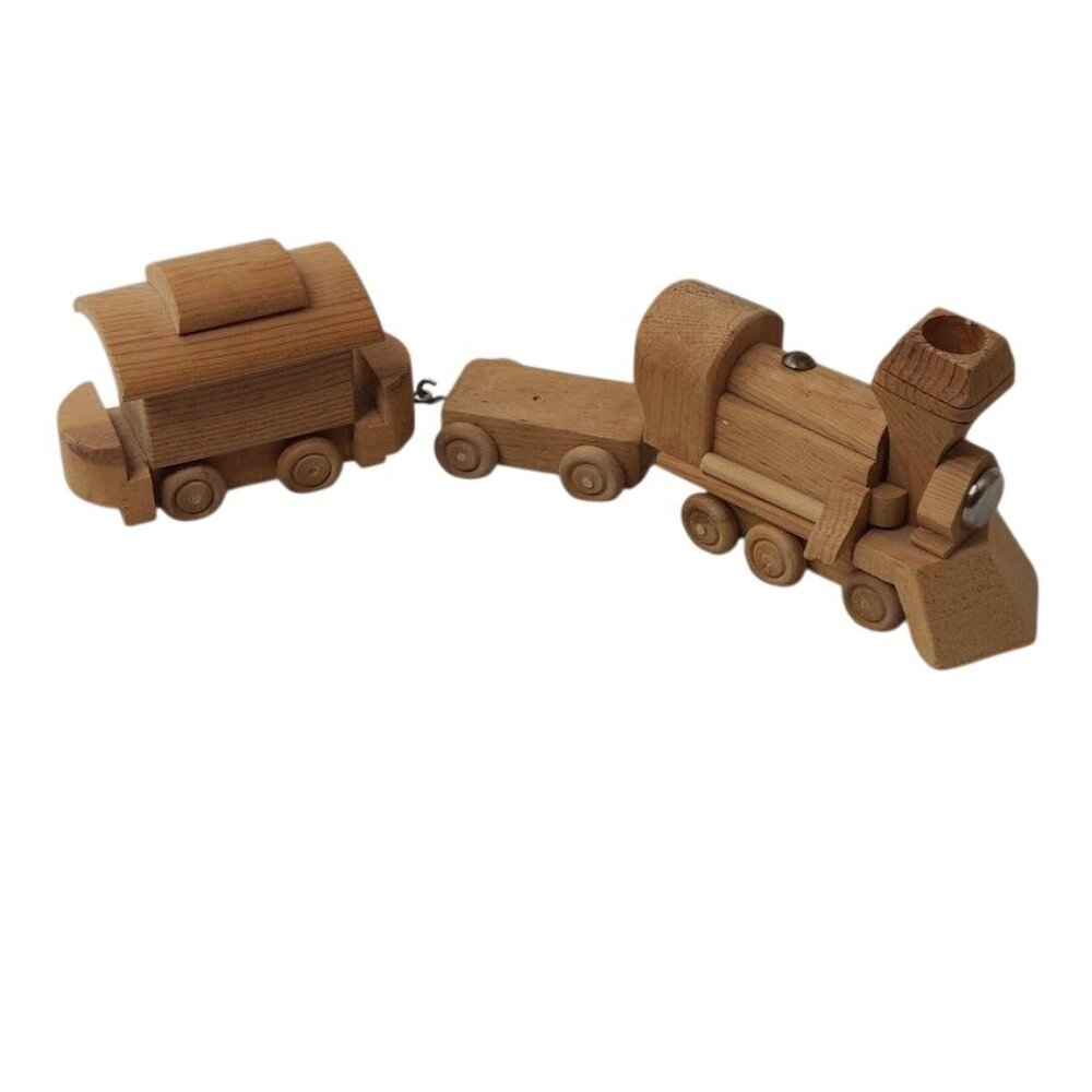 3 Pc Handcrafted Wooden Train Toy Set or Display Locamotive Connector Caboose